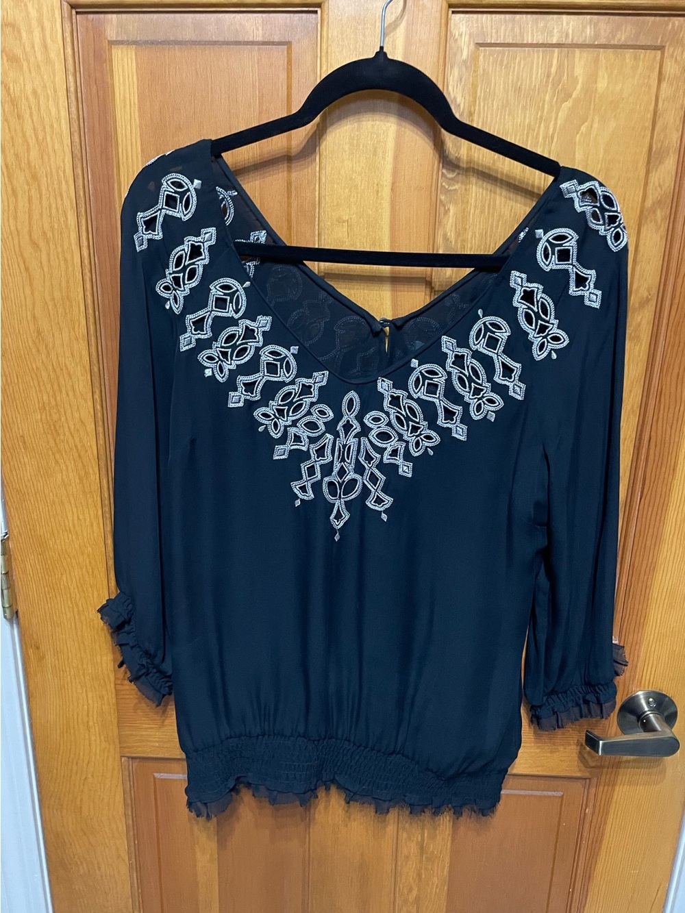 White House Black Market Black Blouse with Silver Embroidery V-Neck Silk Flowy M